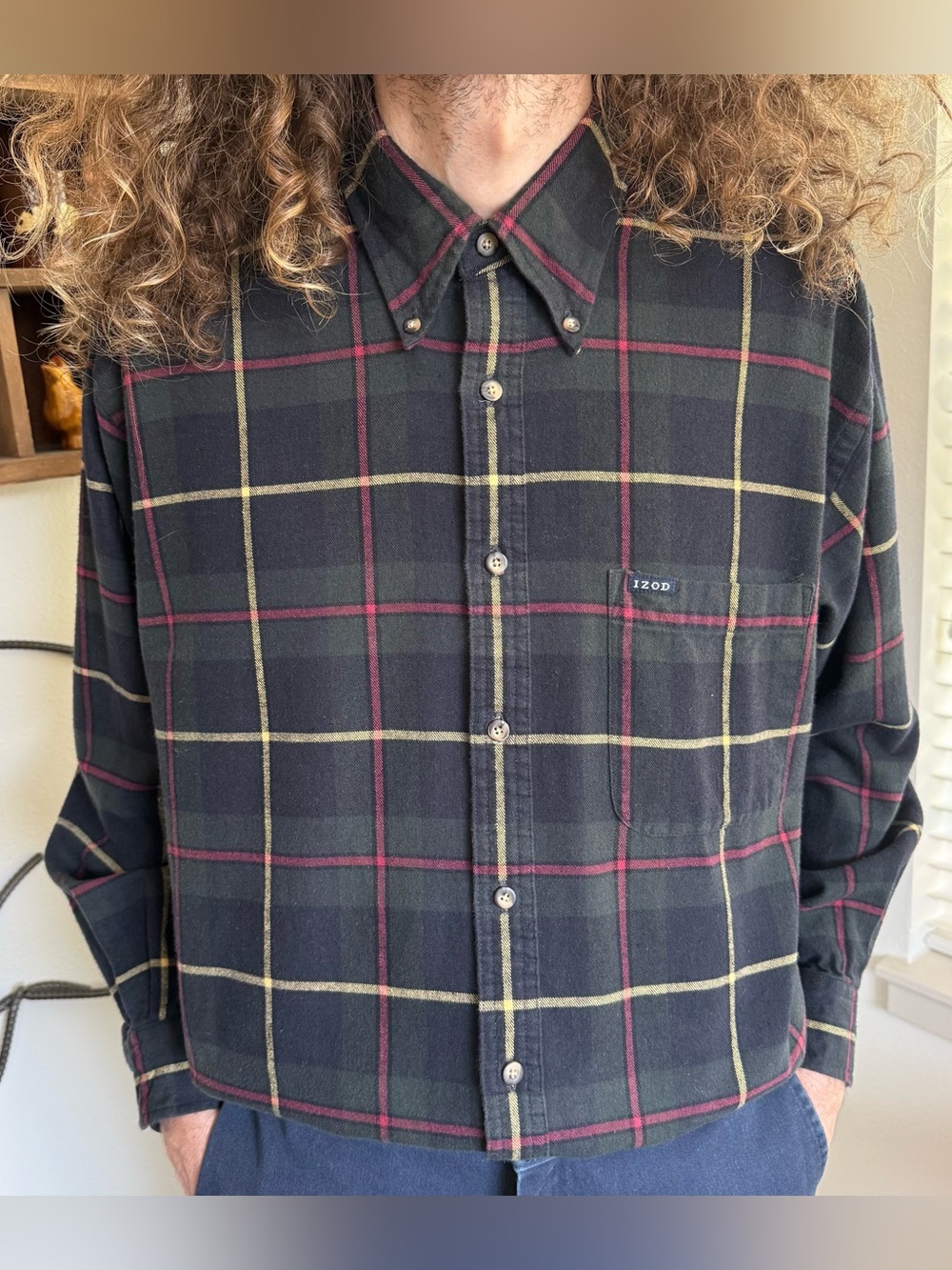 Vintage 90s Izod Plaid Flannel Cotton LS Button Down Shirt ~ Size XL